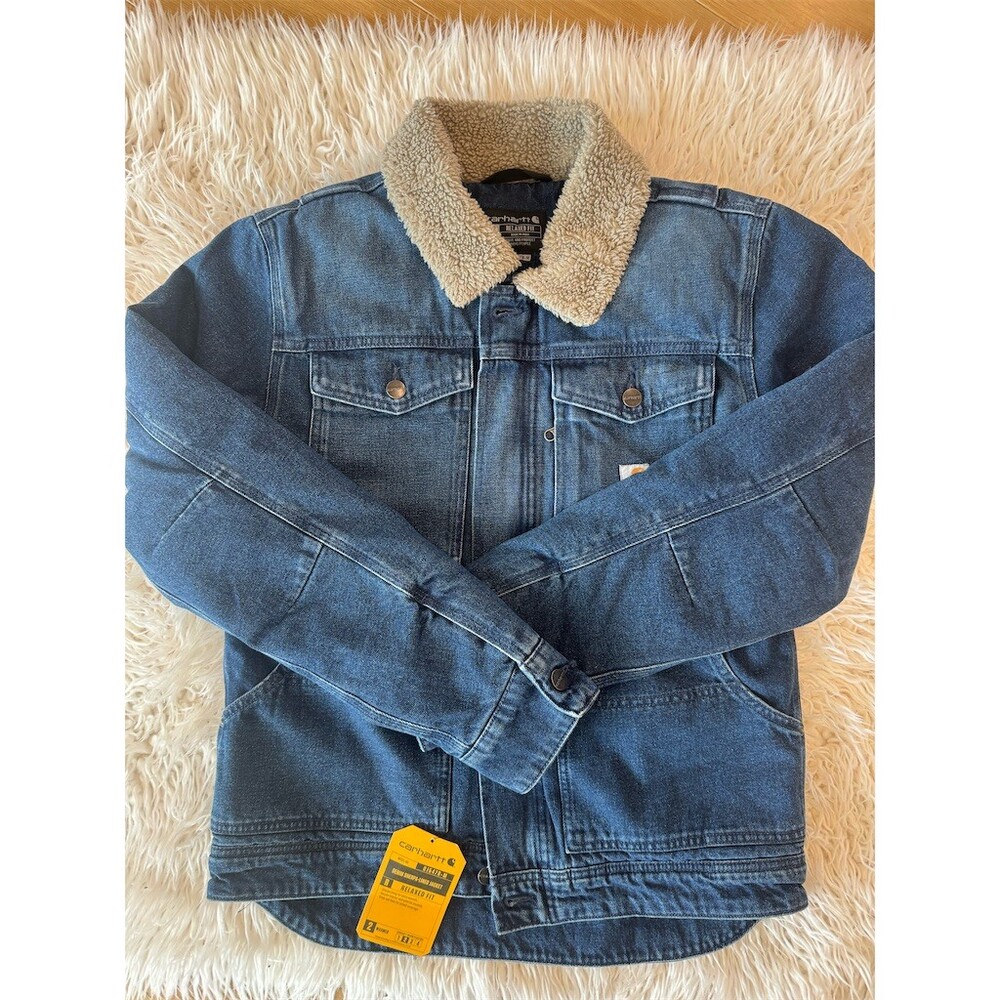 CUTE Carhartt Men's Relaxed Fit Sherpa-Lined Denim Jacket Blue Full Zip Size S - Picture 11 of 15
